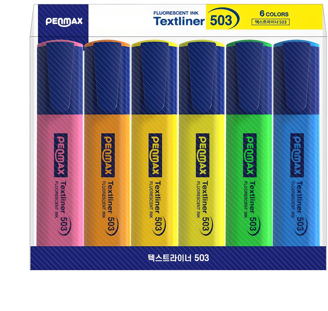 펜맥스 텍스트라이너 503 형광펜 6p 세트, 핑크, 오렌지, 허니옐로우, 옐로우, 그린, 블루, 1세트