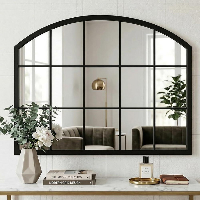 PERHOM 아치형 블랙 앤티크 거울 101.6cm x 61cm(40인치 24인치) 창문 금속 프레임 거실 벽난로 침실 입구용 장식 벽 거울 338506 9165940, Black-04