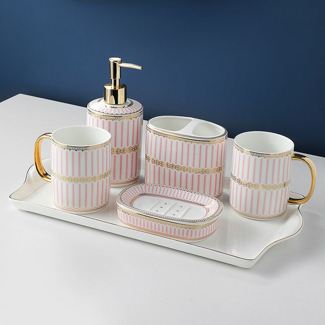 호텔 양치컵 세트 칫솔 욕실 꽂이 세라믹 모던 디자인, 핑크 줄무늬 6세트