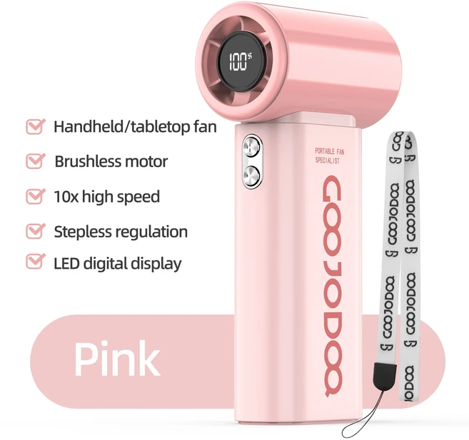 GOOJODOQ 미니 팬 고속 포켓 10x 향상된 풍력 LED 스크린 및 휴대용 끈 4000mAh 배터리, 02 Pink