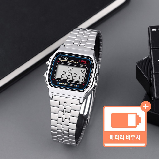 카시오 빈티지 차콜 디지털 남녀공용 프리버클 손목시계+배터리교환권 패키지