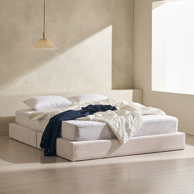 플러스 패브릭 파운데이션 침대+독립매트리스 Q, 오트밀베이지