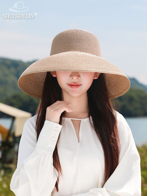 빅사이즈 자외선차단 리본 밀짚 동 챙넓은 해변 라탄 휴양지 여성 왕골 모자 산책