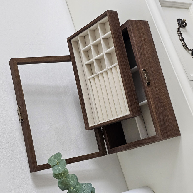 원목 보석함 정리함 악세사리보관함 목걸이 반지 귀걸이 시계 2단 케이스 주얼리박스, 1개, 기본