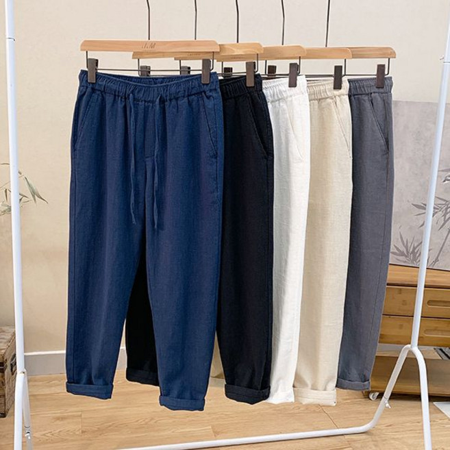 WEIHAN 남성 린넨 와이드 배기 팬츠 데일리 편안한 면 마 9부 팬츠 캐주얼 바지 봄여름