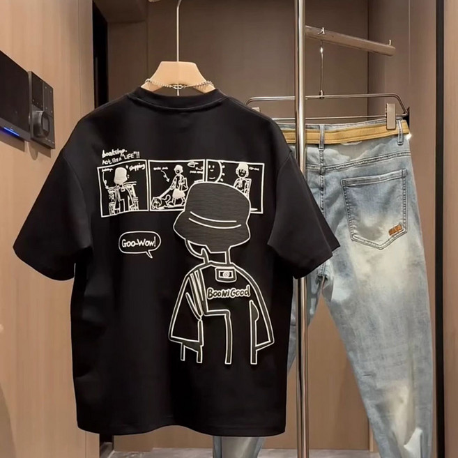 남성 여름용 캐릭터 프린트 반팔 티셔츠 루즈핏 캐주얼 라운드넥 탑 ZK4559