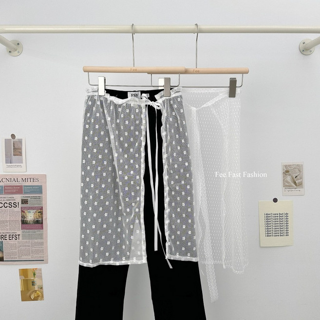 綁帶蕾絲襯裙，一片式半裙，可疊穿圍裙，復古蝴蝶結設計