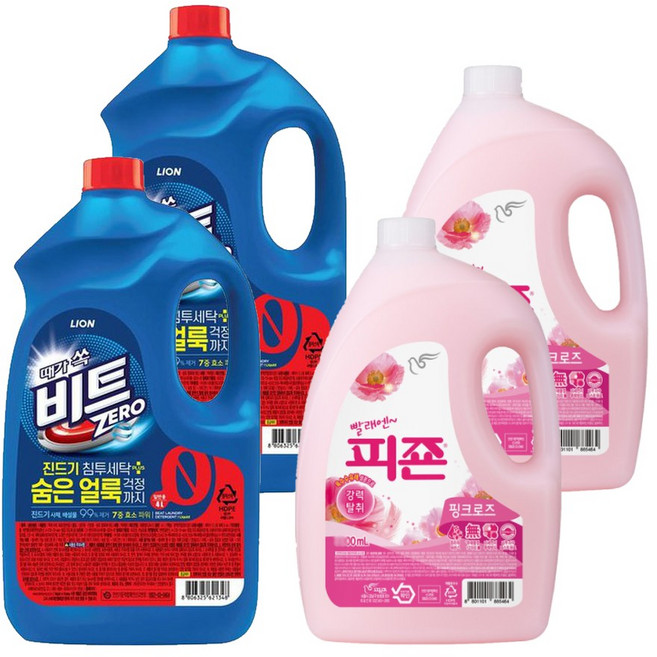 비트 4L 일반용 세탁세제 2개 + 피죤 2.5L 핑크 블라썸 2개, 4개, 3.25L
