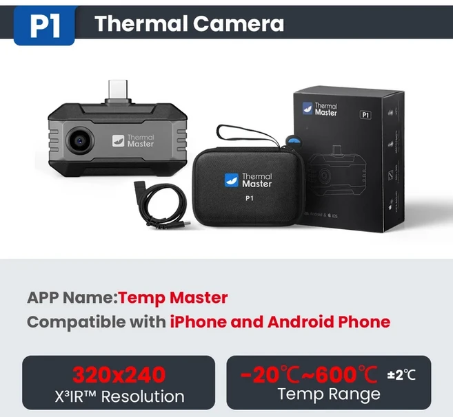 P1 열화상 카메라 320240 X³IR 해상도 ±2 ℃ iPhone 및 Android 스마트폰용 정확도 25Hz 프레임 속도 600, 02 P1 thermal camera