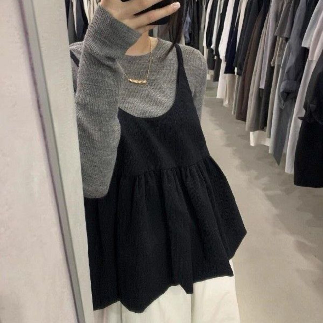 Satiko 여성용 뷔스티에 블랙 셔링 페플럼 뷔스티에 나시 레이어드 상의 체형커버 빅사이즈 뱃살커버 베이비돌 민소매 조끼 사계절 코디 심플 모던 끈나시 티셔츠 겹쳐입기 좋은 옷