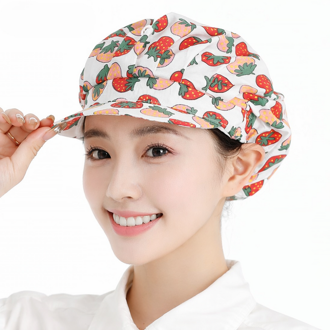 YIEUN 여성용 주방모자 두건 조리 알바 조리모 주방캡 꽃무늬 위생모자, 빨간딸기, 1개
