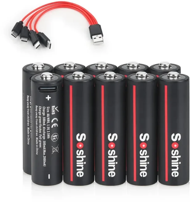 Soshine 1.5V USB 3500mWh 리튬 배터리 AA 충전식 배터리 연기 감지기 게임기 카메라용 4-in-1 USB 케이블, 03 3500mwh battery 10pc, 01 1.5V