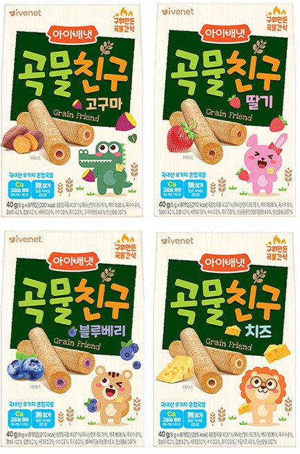 [아이배냇] 곡물친구 4종세트, 고구마+딸기+치즈+블루베리, 40g, 1세트