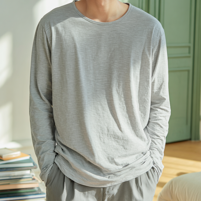 편옷사 남자 여름 무지 U넥 슬라브 오버핏 긴팔티셔츠