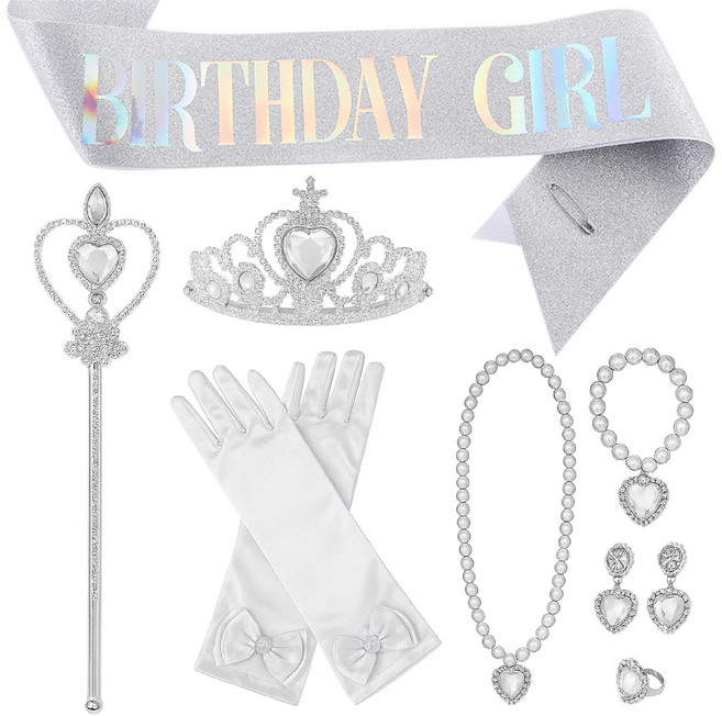 [청춘교복] 공주세트 생일 8종 어깨띠 축하 파티 코스프레 연말 선물 소품 프린세스 코스튬 주얼리 왕관 요술봉 목걸이 액세사리, 1개, 화이트-벌스데이걸