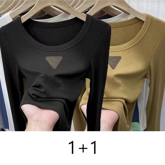1+1 여성 긴팔 티셔츠 캐주얼 봄 가을 슬림핏 스판 쫄티 기질 여자 펀칭 라운드 긴팔티 CY