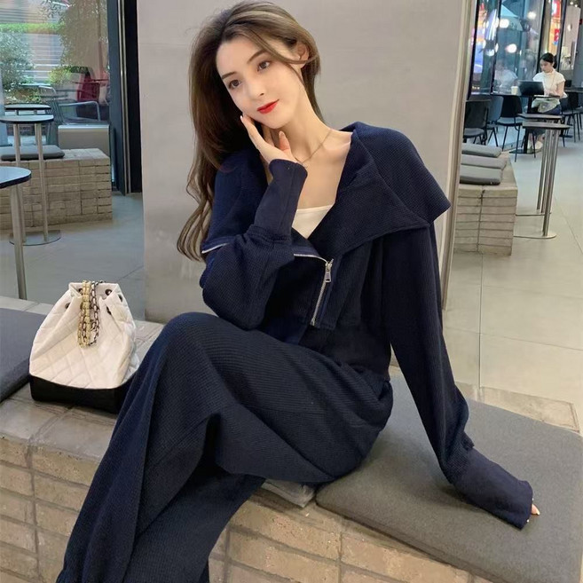 오스틱니 2026 여성 봄가을 디자인 감각 운동 카디건 긴팔+긴 바지 세트