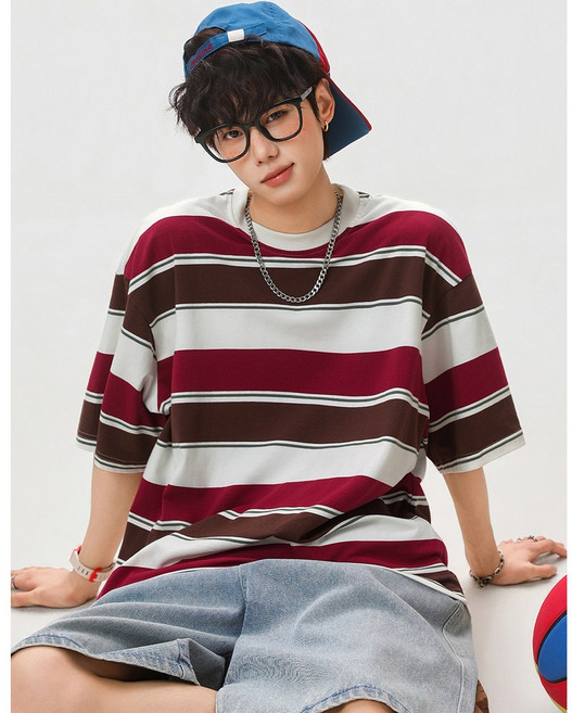 하울맨 남성 오버핏 배색 스트라이프 여름 캐주얼 반팔 티셔츠