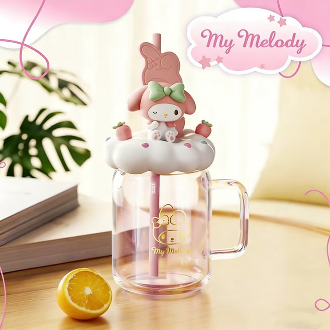 [신상] 밀크카 산리오 캐릭터 글라스 물컵 스트로우 내열유리 쿠로미 마이멜로디, 1개, 510ml