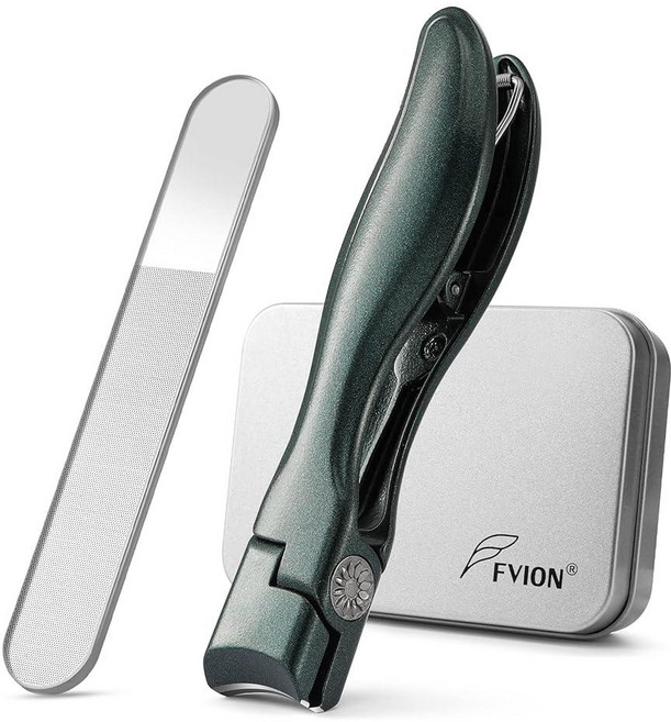 FVION 두꺼운 손톱과 발톱용 손톱깎이 크리스탈 파일이 있는 넓은 턱 남성 및 여성용 캐처가 대형 발가락 네일 커터 세트 - 그린, 초록색