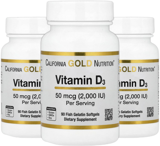 캘리포니아골드뉴트리션 비타민 D3 50mcg(2 000IU) 피쉬젤라틴 90 소프트젤, 90정, 3개
