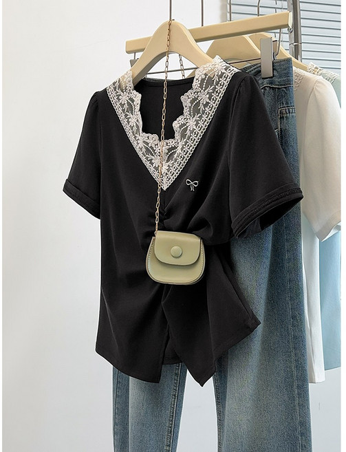 부엉구구 OW0507A 여성 여름 라이스 프릴 앞트임 브이넥 스판 반팔 티셔츠