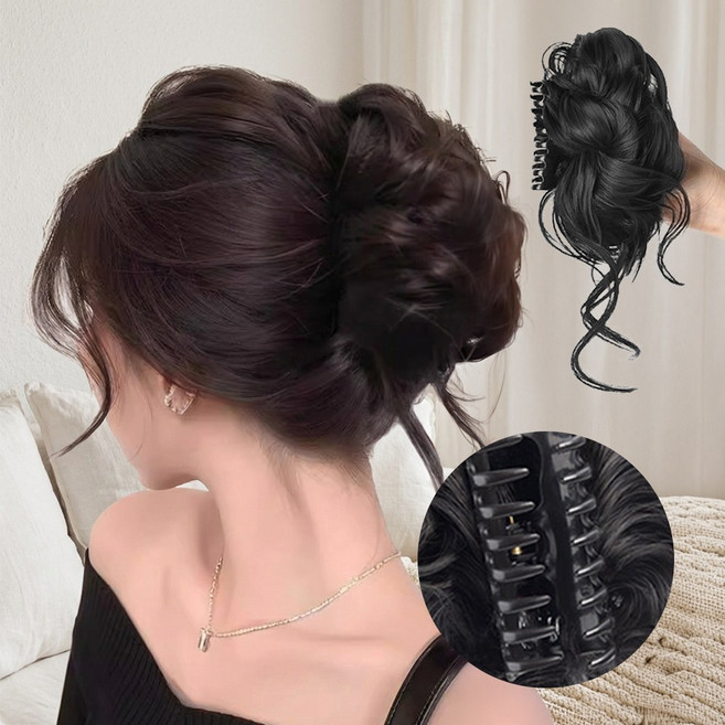 여성 똥머리 가발 집게핀 꽃봉오리 볼륨업 헤어피스 부분가발, 1개, 내추럴블랙