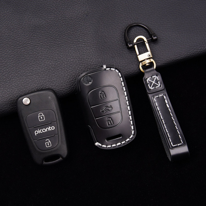 현대 기아 3버튼 폴딩키 케이스 소가죽 차키 키케이스 레이 모닝 엑센트 호환, 1개, 블랙