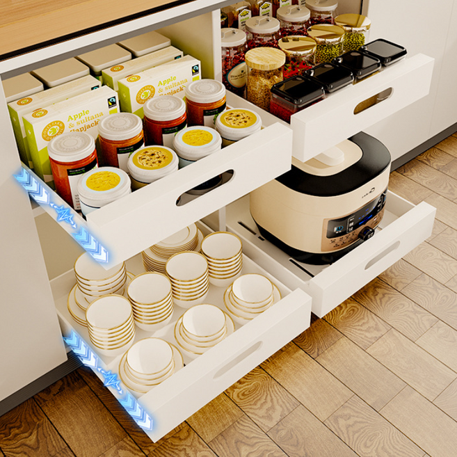 4size 무타공 싱크대 수납함 하부장 슬라이딩 레일선반 주방 선반 수납장 양념통 정리대 서랍 그릇 부착식 접착식, 화이트, 1개