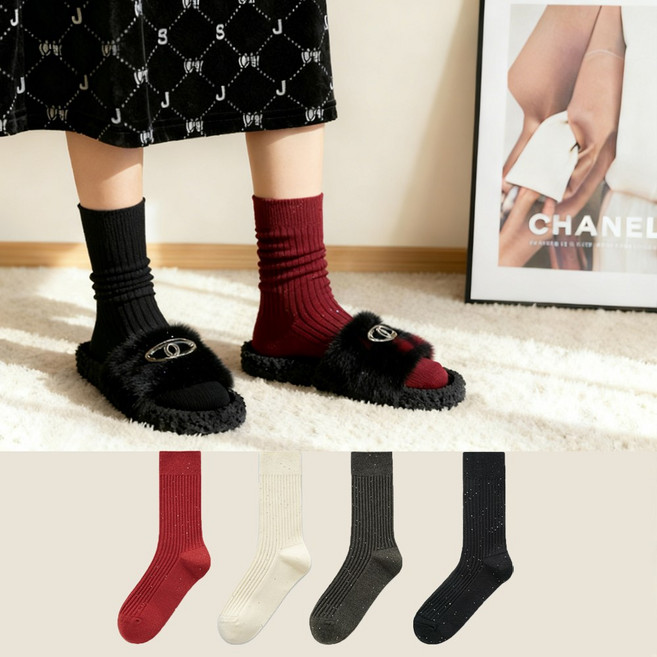 여성 무압박 니트 양말 패션 스팽글 중목 양말 4켤레