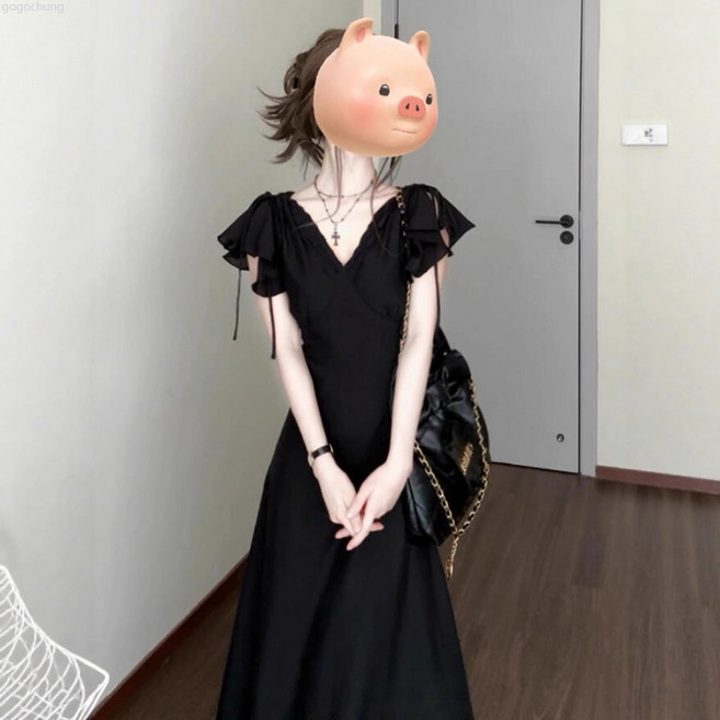 法式赫本風優雅修身連衣裙 夏季新款氣質收腰溫柔風生日禮服裙子, 黑色,L建議【52.5-57.5kg】