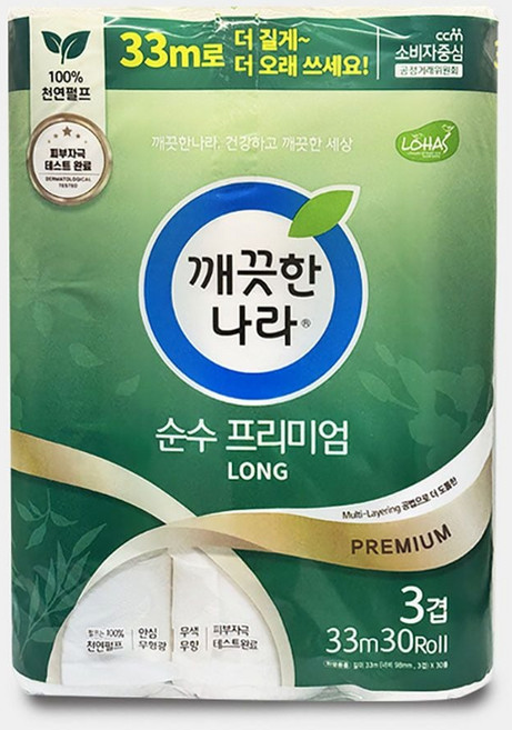 깨끗한나라 롱 순수 프리미엄 33미터 30 롤 화장지_ 20275435EA, LONG 33m 30롤, 1