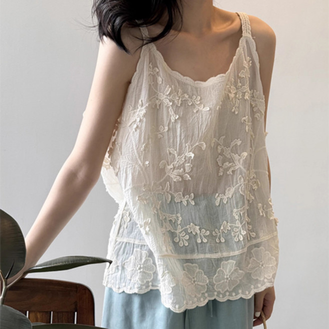 루엔나 여성 슬림 꽃 이너나시 끈 민소매 블라우스