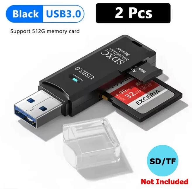 2Pcs 2-in-1 다기능 USB 3.0/2.0 카드 리더기 지원 컴퓨터 태블릿 카메라 노트북 자동차 용 TF + SD, 01 Black-USB 3.0-2Pcs, 01 빠른