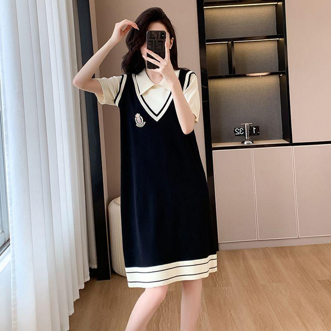 學院風針織連衣裙女夏季新款寬鬆顯瘦polo領裙子, 黑色【沒有領帶】,XL 建議60.0-67.5公斤, 黑色