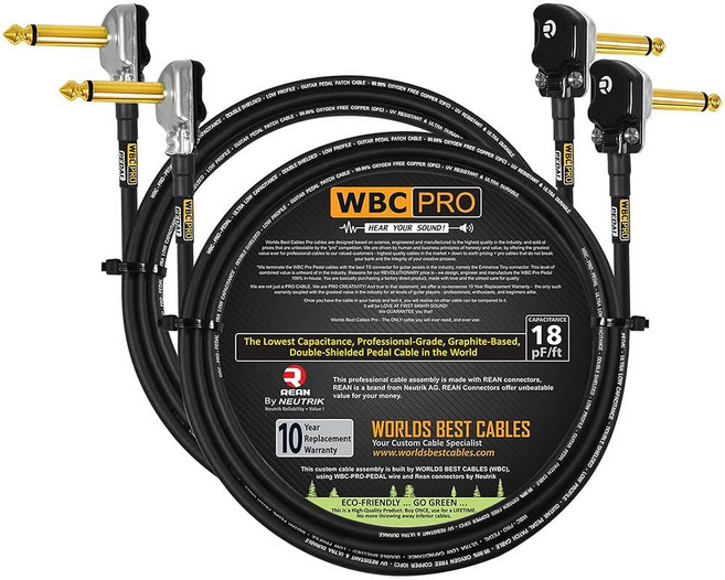 WORLDS BEST CABLES 2개 유닛 - 2.4m(8피트) WBC-PRO 페달 22 AWG 로우 캡 (18pF/ft) 프로 등급 흑연 기반 이중 차폐 페달 이펙트 패