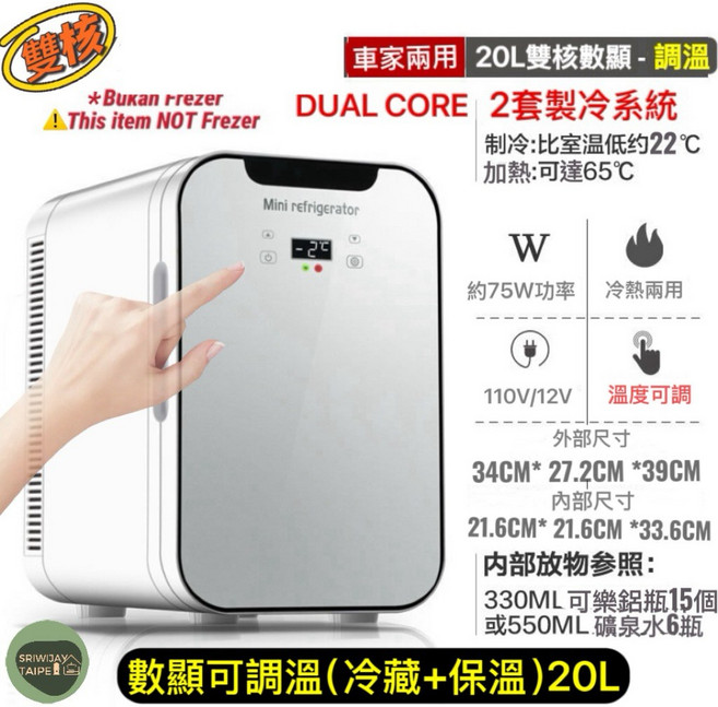 迷你冷藏箱 20L 雙核數顯 車載家用兩用冰箱, 1個, 20L雙核/冷藏保溫車家用數顯