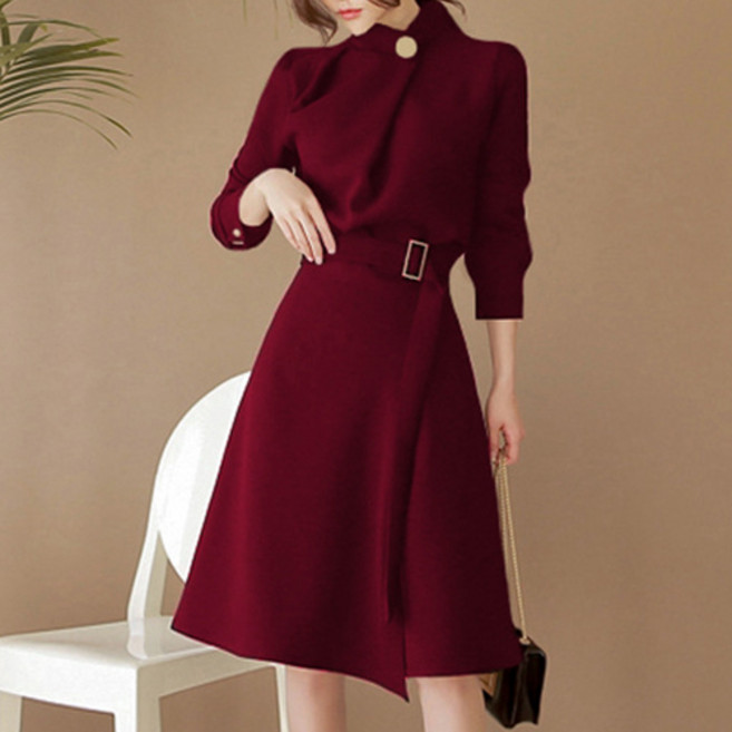 [순이야] 봄가을 빅사이즈 쉬폰 허리 벨트 미디 원피스