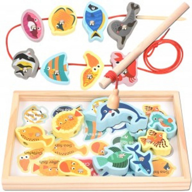 오즈토이 목제 블럭 실꿰기 자석 낚시놀이 교구 바다, 1개, 바다생물색