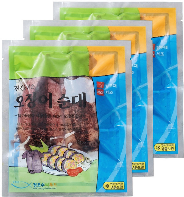 속초 청초수물회 청초수 통오징어순대 오징어순대 1팩 2미, 3개, 500g