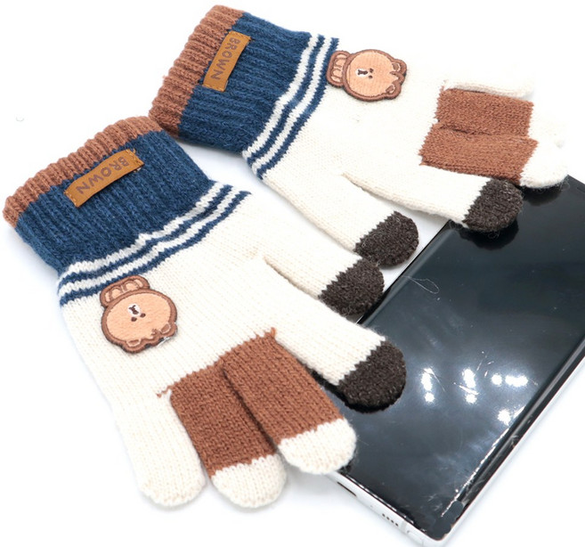 라인프렌즈 브라운 어린이 니트장갑 아동 초등 겨울 방한용 스마트폰 터치 털 남아 여아 손가락 키즈 장갑