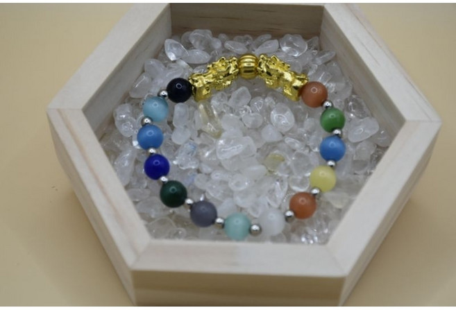 晶石能量坊 五彩貓眼石金色貔貅手鍊 招財幸運手串