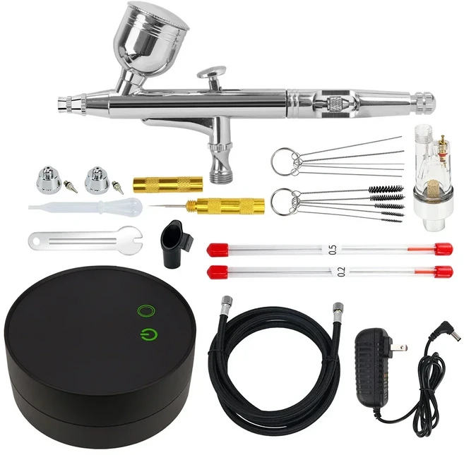 30PSI 자동 정지 압축기가 포함된 듀얼 액션 에어 브러시 키트 메이크업 네일 케이크 장식 모델 페인팅을, 플러그, Square Compressor, 1개