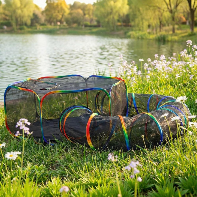 럭키티 휴대용 고양이 인클로저 - 텐트와 터널이 있는 2-in-1 야외 카티오 실내 고양이를 위한 접이식 플레이펜 고양이와 작은 동물을 보관 가방 컬러, Tent + Circle Tunnel