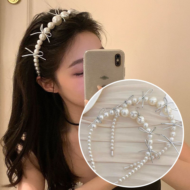 ZMBIRD 고급 진주 비즈 리본 헤어밴드 머리띠 여성용 2PCS H4542