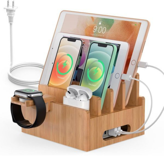 5포트 USB 충전기 5개의 케이블 스마트 워치 및 이어버드 스탠드 데스크 도킹 스테이션 휴대폰용 전자 정리함 태블릿을 갖춘 여러 장치용 페진 & 훌린 대나무 충전소, With Charger, 1개