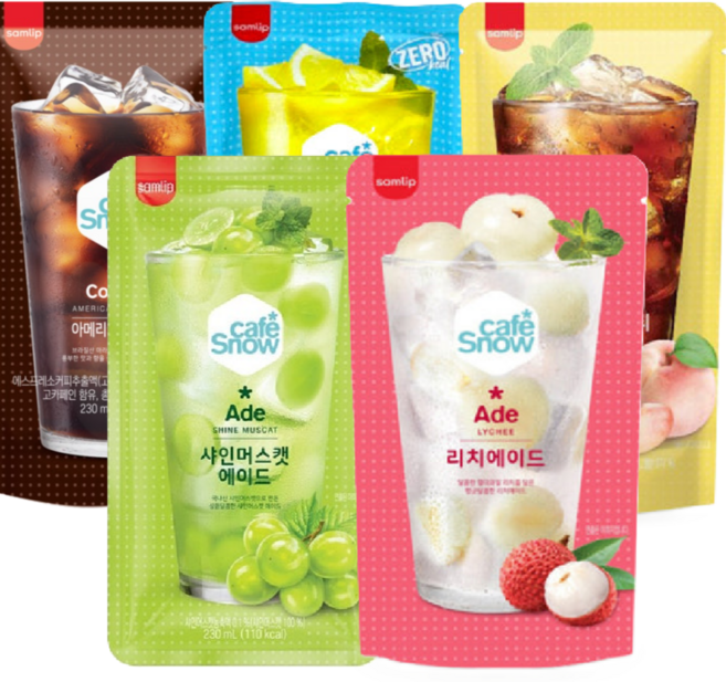 삼립 카페스노우 230ml 5종(샤인머스캣x10+리치x10+ 복숭아x10+제로레몬x10+ 블랙아메리카노x10)50개, 50팩