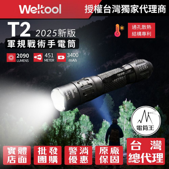 Welltool T2 2025新款 軍規戰術手電筒 2090流明 451米射程 3400mAh, 灰色, 1個