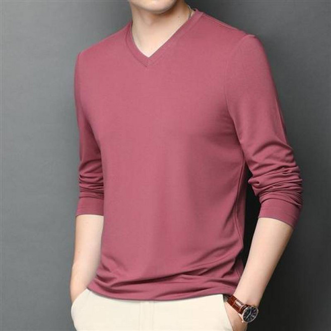 유니픽 남성 봄여름 순면 V넥 긴팔 티셔츠 간결한 슬림핏 통기성zdy