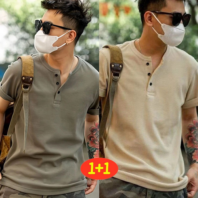 1+1심플 솔리드 반팔티 남성용 와플 브이넥 빅사이즈 버튼 브이넥 캐주얼 루즈핏 티셔츠